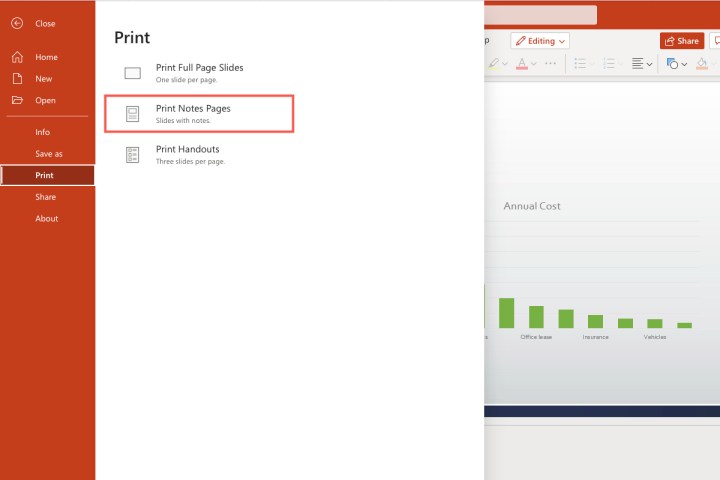 Print Notes Pages selected in PowerPoint on the web.