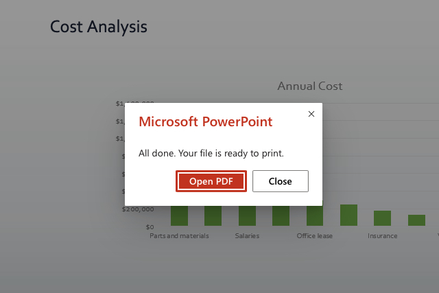 Open PDF dialog box for PowerPoint on the web.