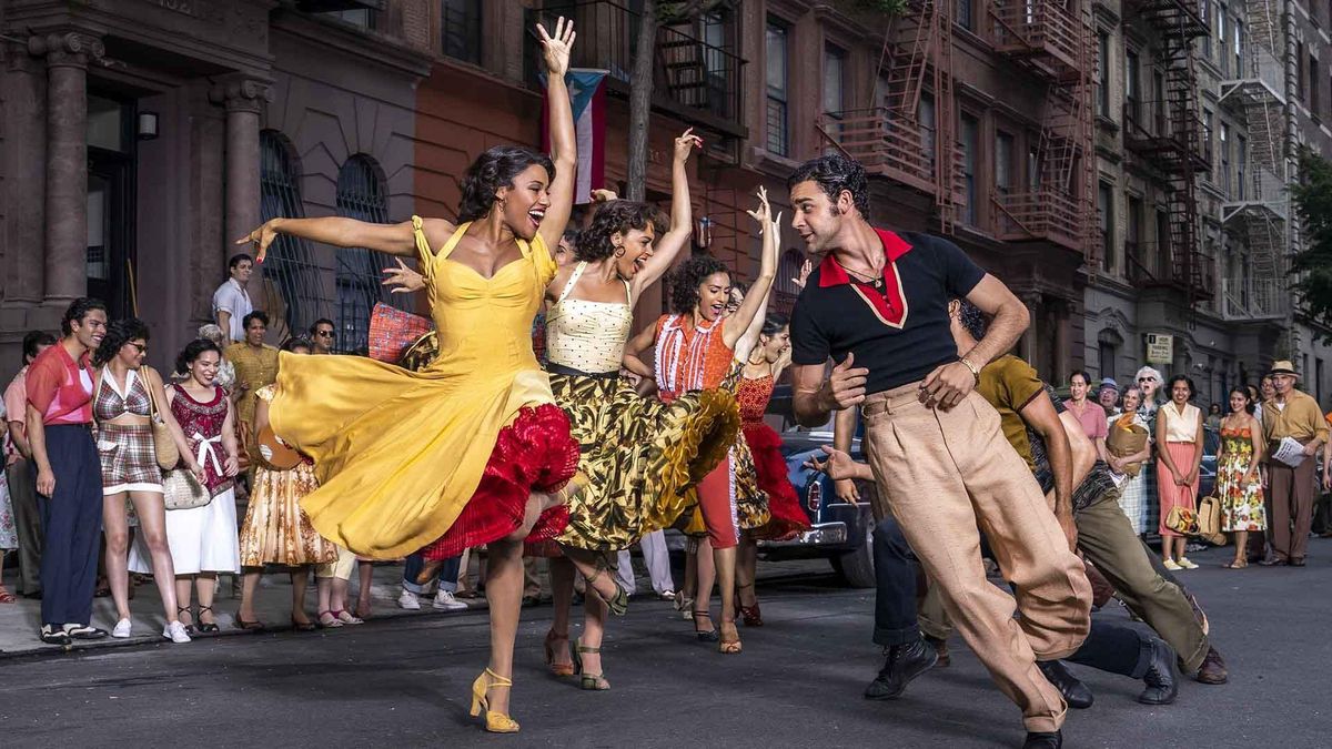 Men and women dance on a street in "West Side Story."
