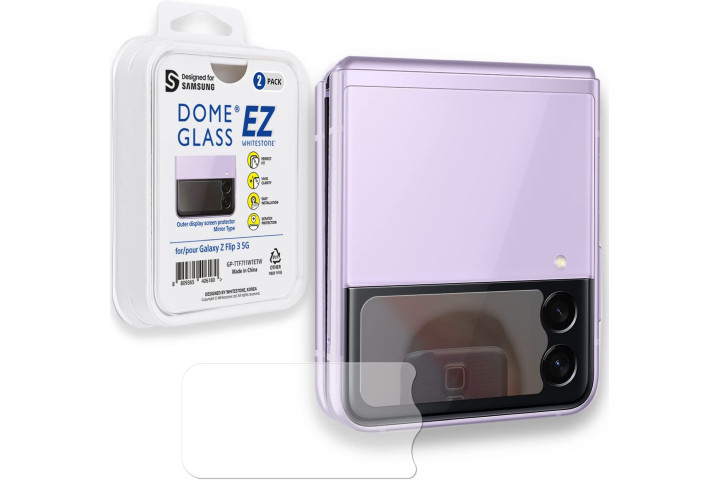 Whitestone Dome EZ Glass Screen Protector on the outer display of the Samsung Galaxy Z Flip 3.