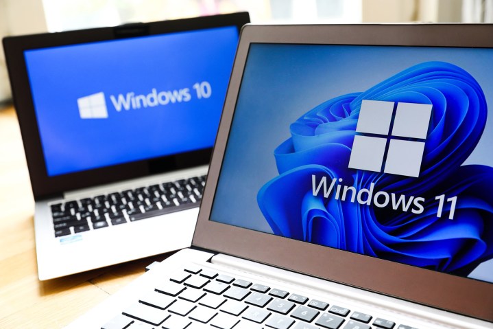 The logos of the Windows 11 and Windows 10 operating system are displayed on laptop screens.