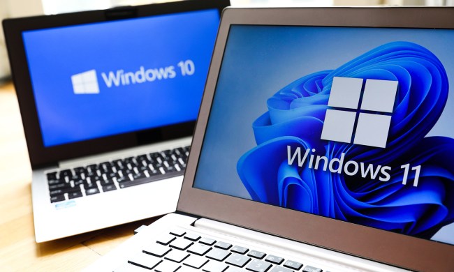 Windows 11 and Windows 10 operating system logos are displayed on laptop screens.
