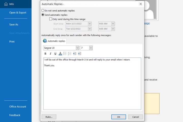 Automatic Replies window for composing messages in Outlook.