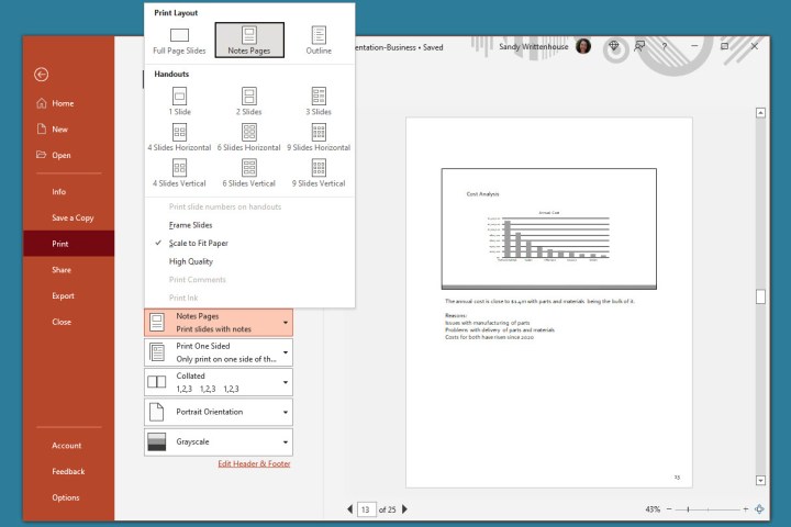 Notes Pages selected to print in PowerPoint.