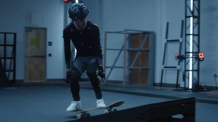 A skater wearing a mocap suit.