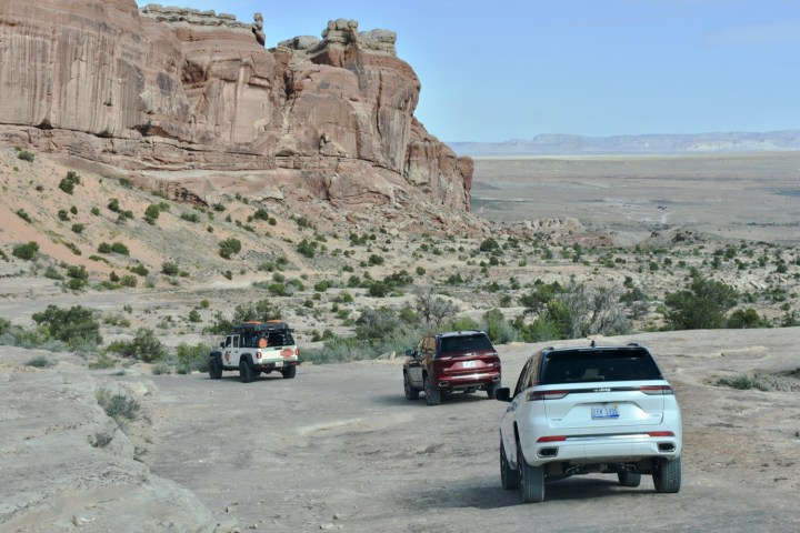 A group of Jeeps off-roading in Moab, Utah.