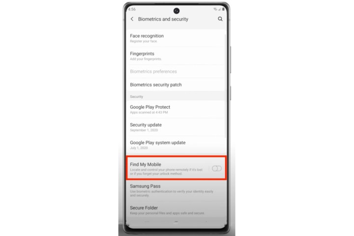 Samsung Find My Mobile setting.