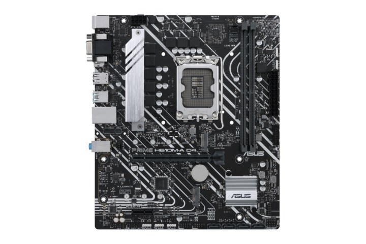 Product image of the Asus Prime H610M-A motherboard with retail box on white background.