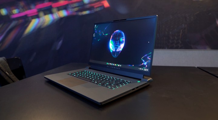 Alienware m17 R5 laptop sitting on a table.