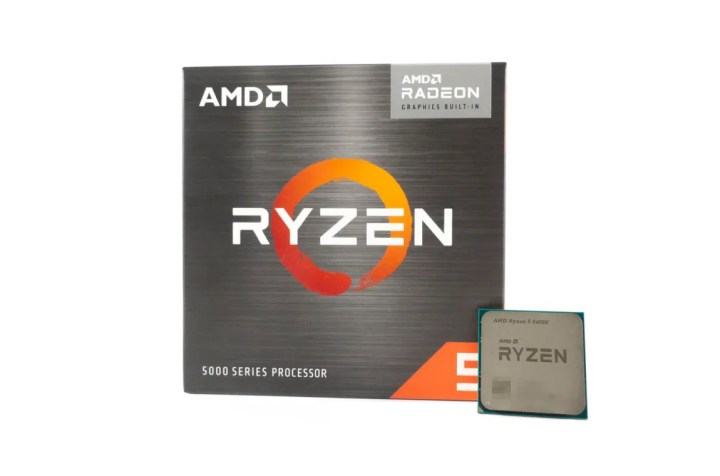 Beyaz arka planda işlemcili AMD Ryzen 5 5600G perakende kutusu.