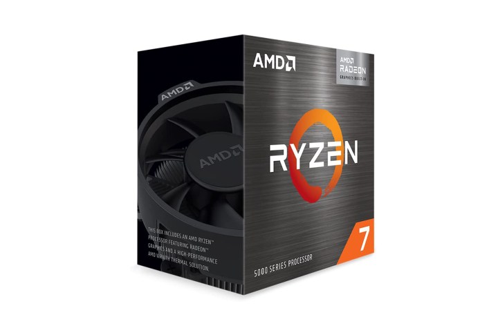 Kotak ritel AMD Ryzen 7 5700G APU dengan latar belakang putih.