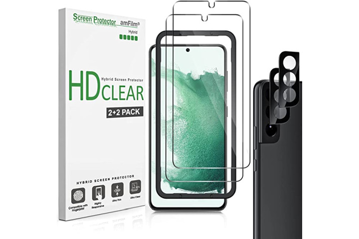 AmFilm Hybrid Screen Protector mostrando os protetores de filme e protetores de lente da câmera ao lado do Galaxy S22, com a embalagem de varejo.