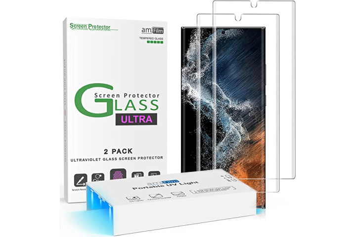 amfilm tempered glass screen protector for the samsung galaxy s22 ultra showing the protectors in front of a phone screen, retail packaging, and the uv light for installation.