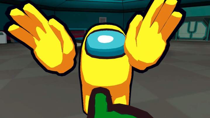 Green crew member pointing to yellow crew member in Among Us VR.