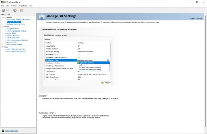 Anti-aliasing settings in the Nvidia Control Panel.