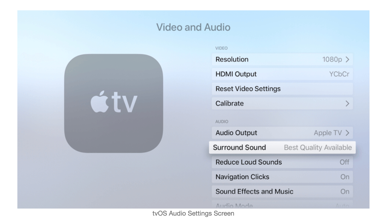 Seção de vídeo e áudio da Apple TV.