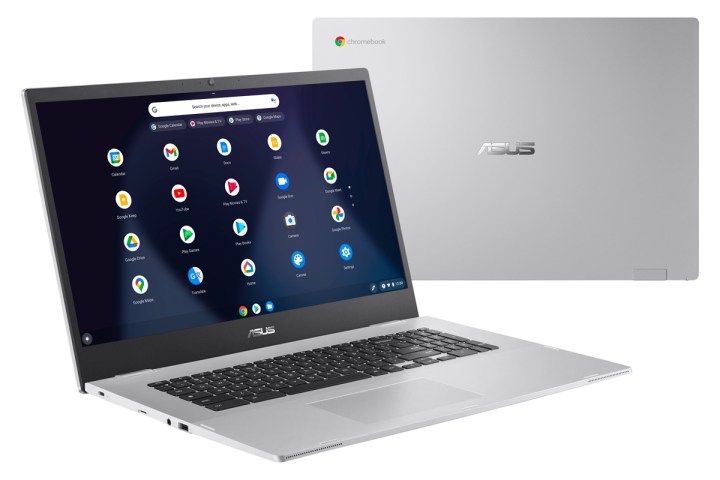 An Asus 17-inch Chromebook sits open in the foreground with the back of the device in the background.