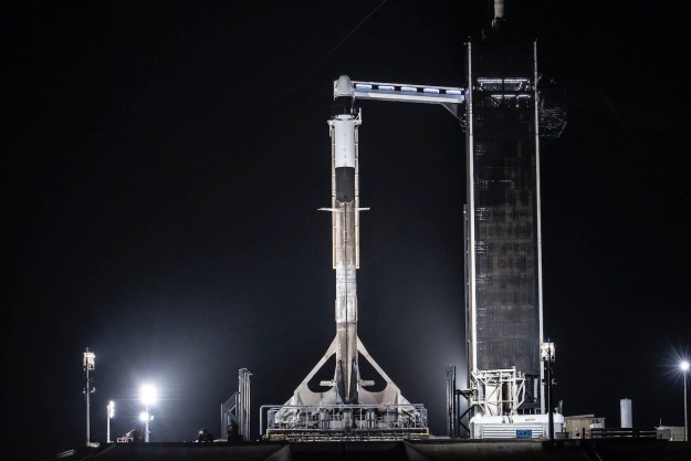 A SpaceX Falcon 9 rocket on the launchpad ahead of NASA's first space tourism trip to the ISS.