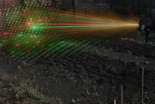 Bird-X laser deterrent cast against a garden at night. 