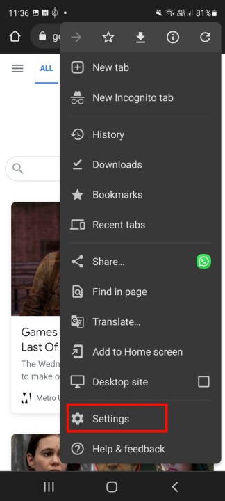 Google Chrome Settings menu.