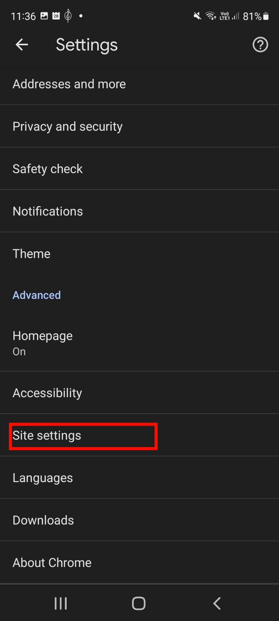 Google Chrome Site settings menu.