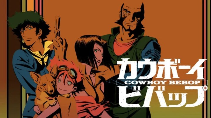 El elenco principal de Cowboy Bebop en un póster minimalista de inspiración retro.