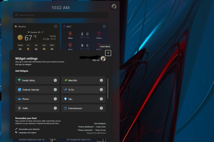 The widgets experience in Windows 11.