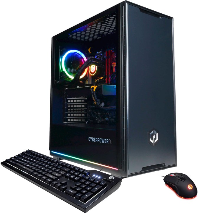 CyberPowerPC Gamer Supreme Gaming Desktop against white background and next to a mouse and keyboard.