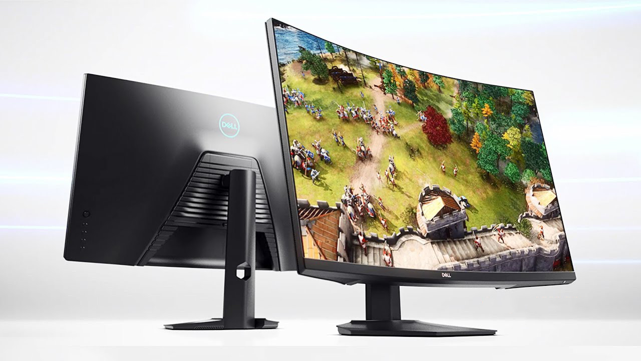 O monitor de jogos curvo Dell S3222HG, com um jogo na tela curva de 32 polegadas.