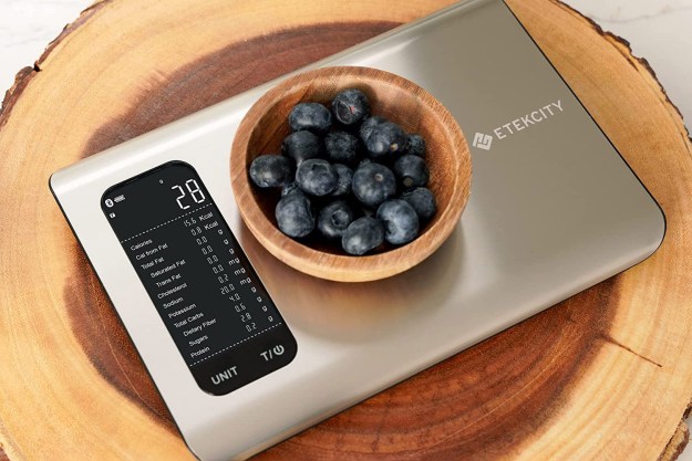 A Etekcity Smart Nutrition Scale measuring a bowl of blueberries.