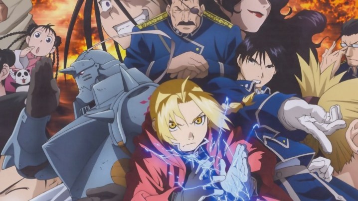 Heroes and villains of Fullmetal Alchemist: Brotherhood in action poses.