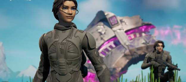 Zendaya's dune Fortnite skin standing in front of a crashed UFO.