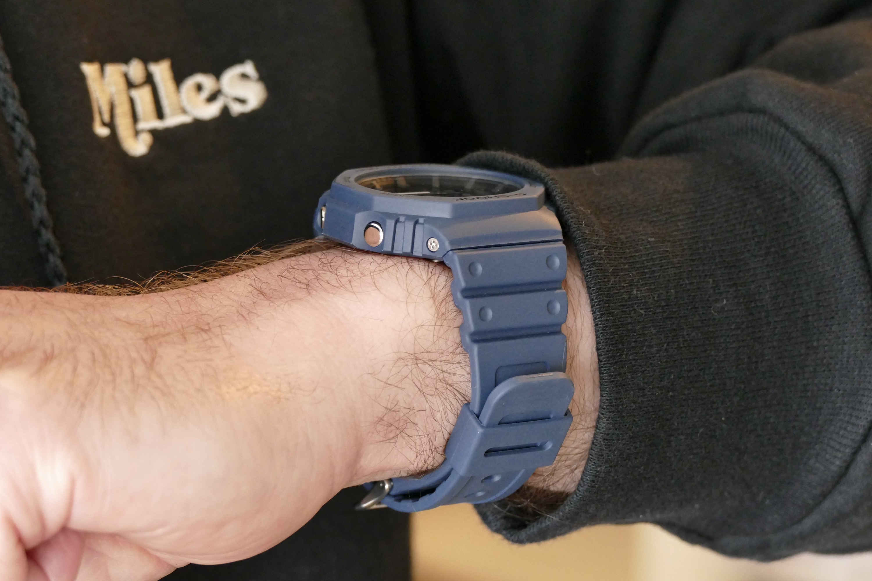 Side view of the G-Shock GA-B2100 on a man's wrist.