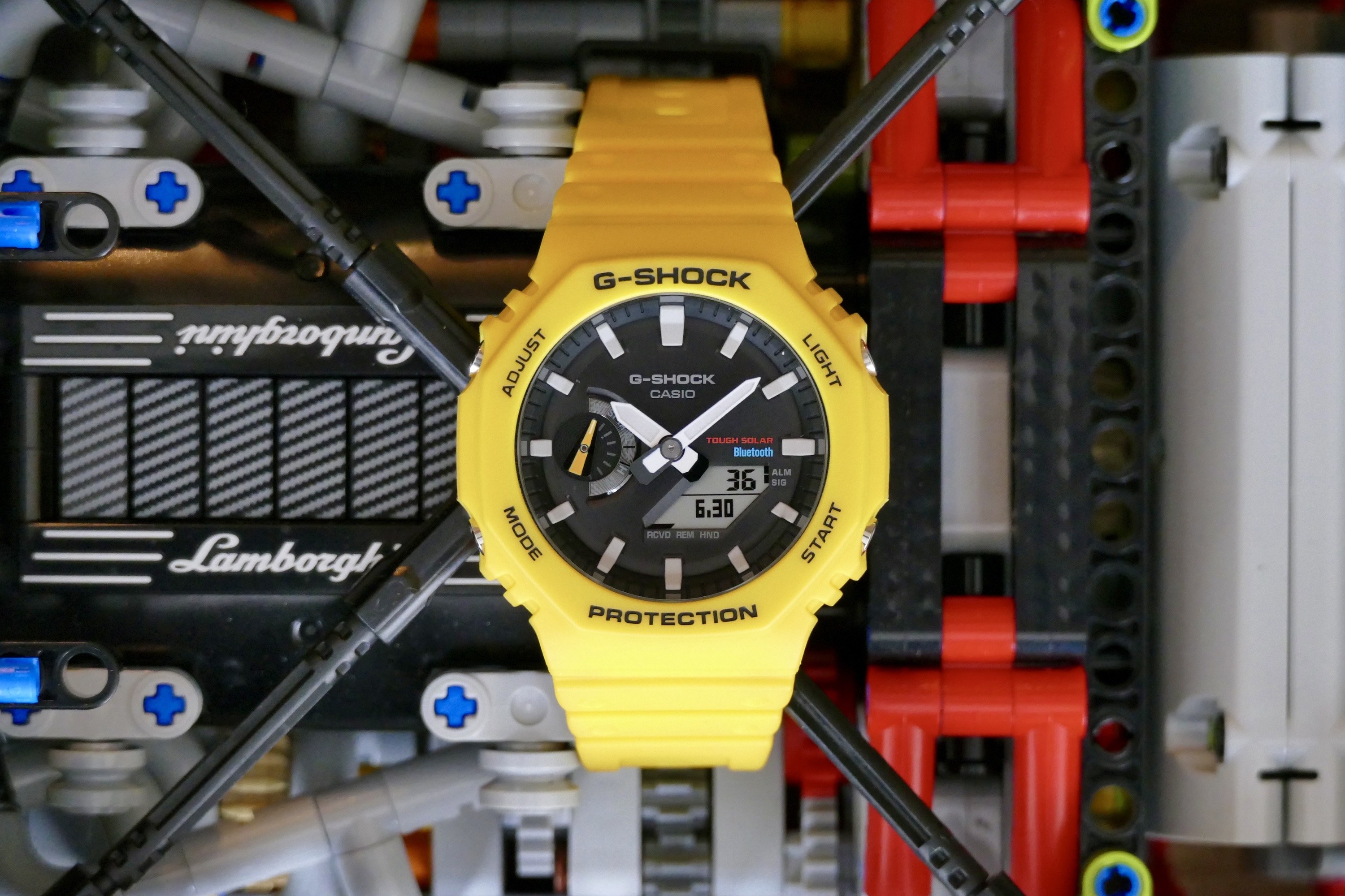 The yellow G-Shock GA-B2100 seen from above.