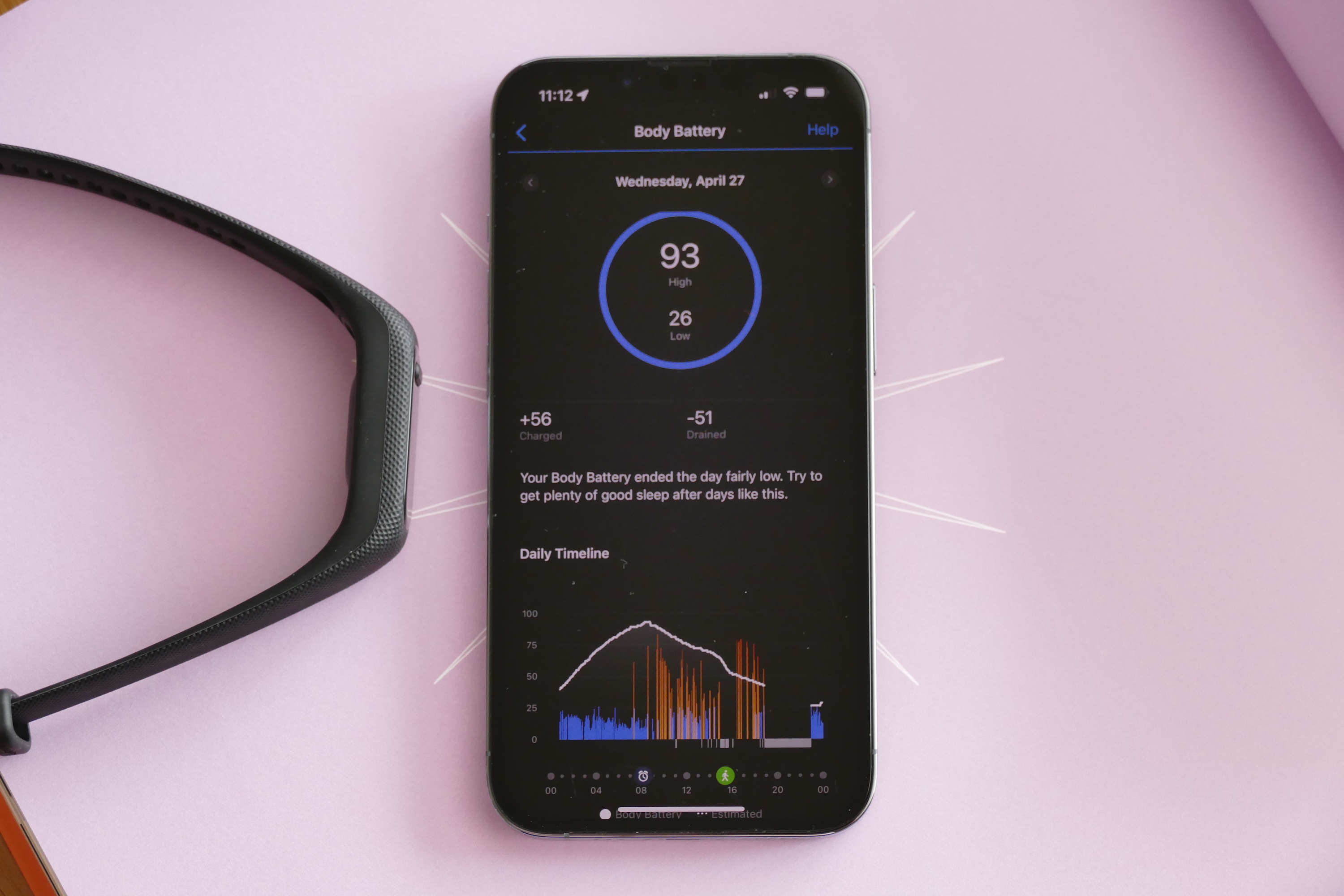 Garmin Vivosmart 5 Connect app's Body Battery screen.