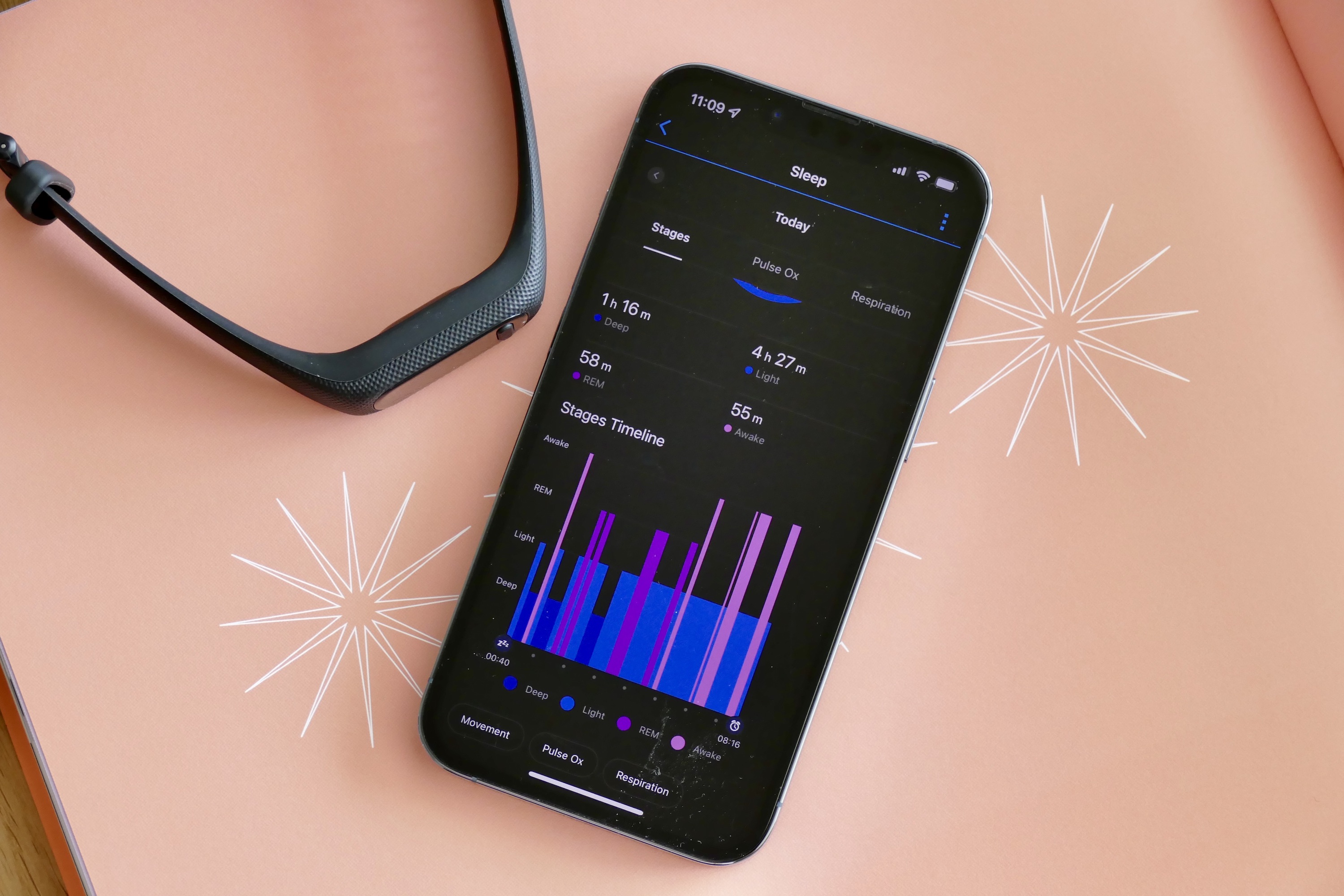 Garmin Vivosmart 5 Connect app showing sleep data.