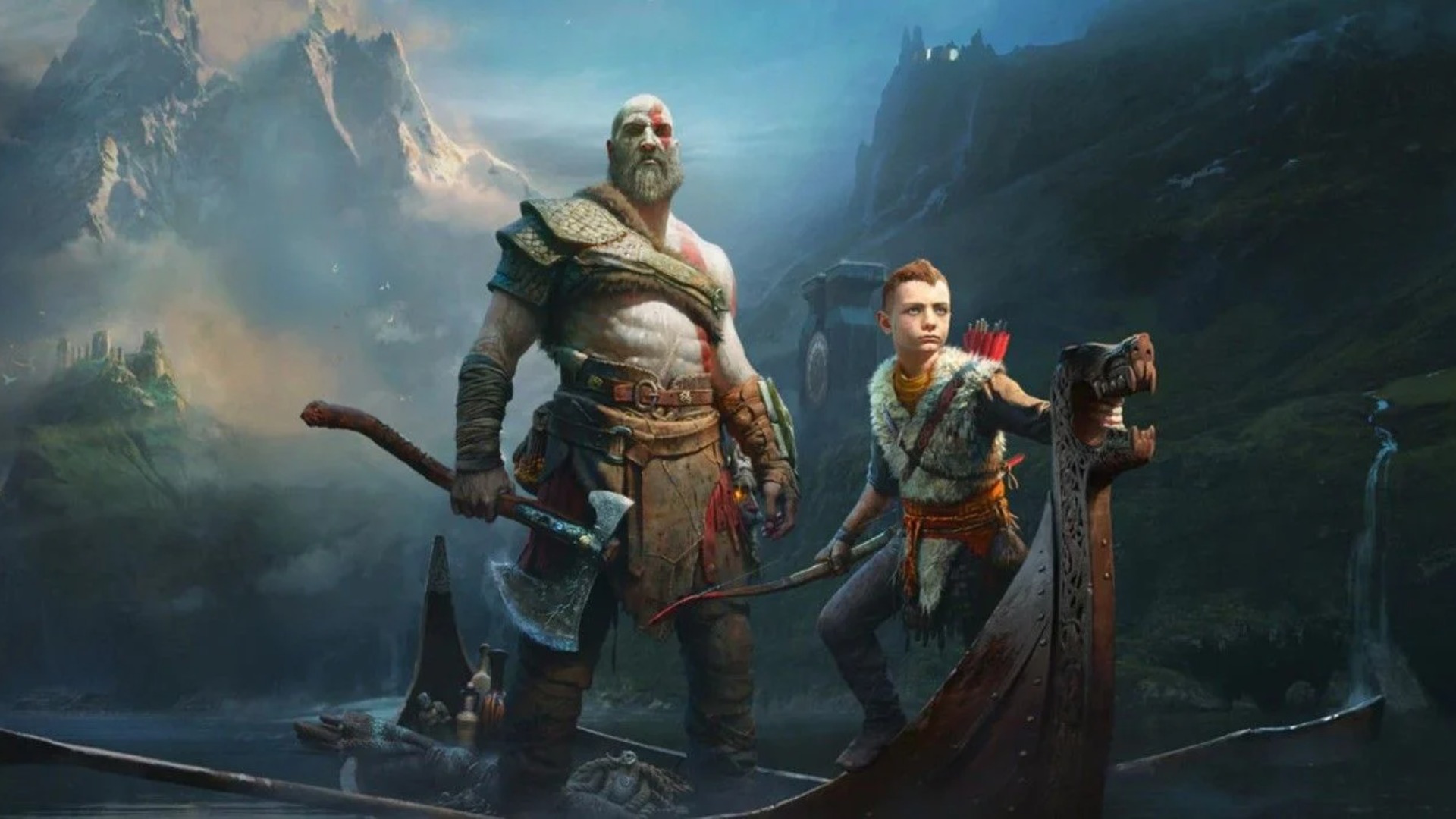 Kratos e Atreus de pé um ao lado do outro na capa do jogo God Of War.