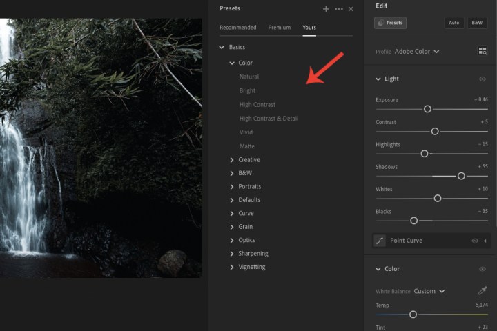 The existing presets provided by Adobe Lightroom.