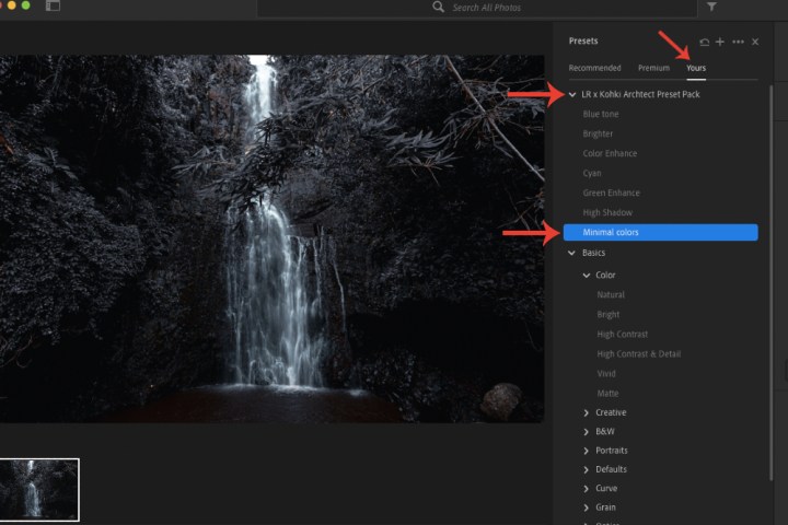 The section where you can view and select an imported preset in Adobe Lightroom.