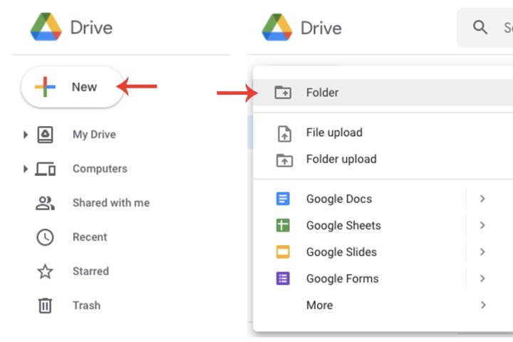 دکمه New در گوگل درایو، که از آن می توانید یک پوشه جدید ایجاد کنید.