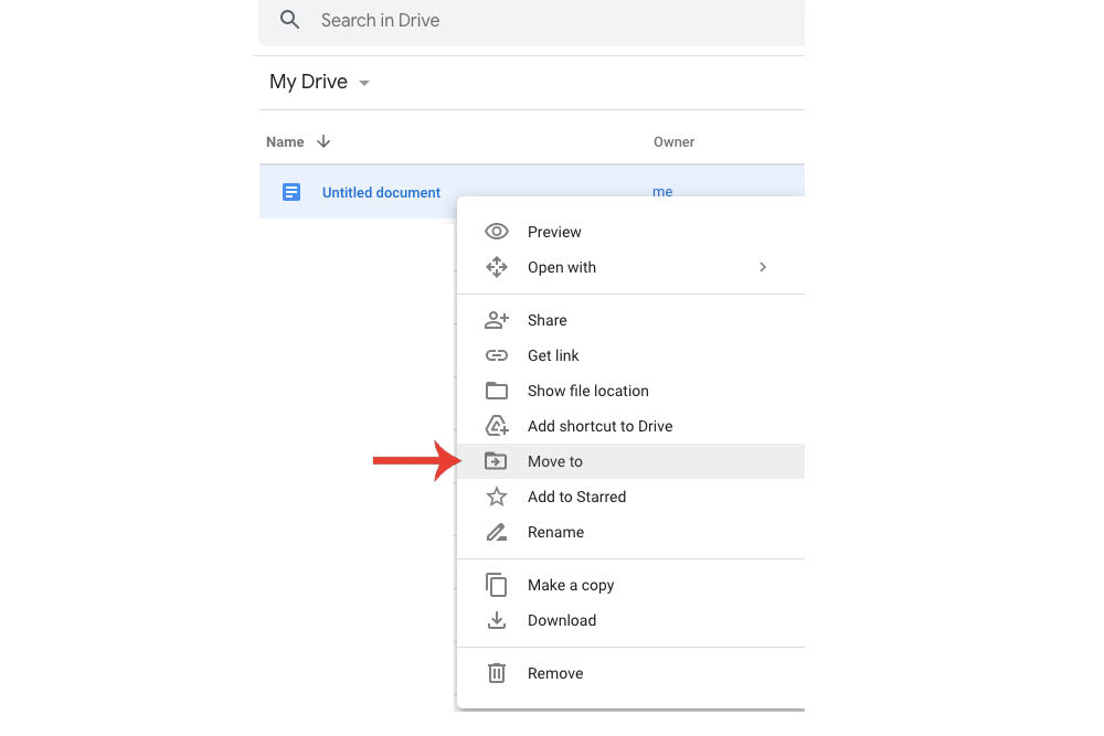 The Move to option in Google Drive when right-clicking a file.