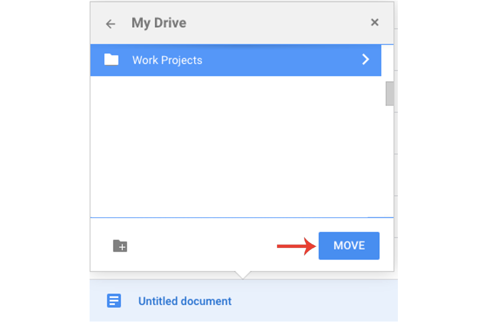 Selecting a folder to move a file into within Google Drive.
