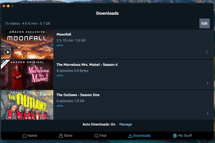 The Amazon Prime Video desktop app for Mac, showing the Downloads folder.