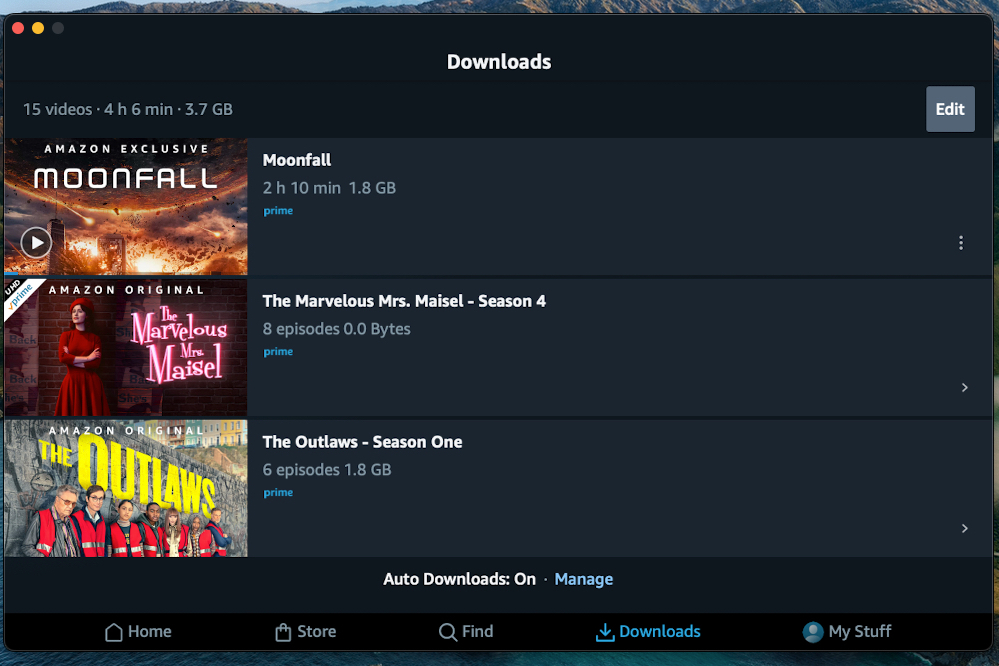 The Amazon Prime Video Mac desktop app, showing the Downloads folder.