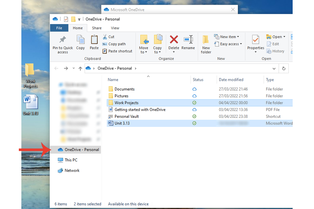 The OneDrive folder option in File Explorer in Windows 10.