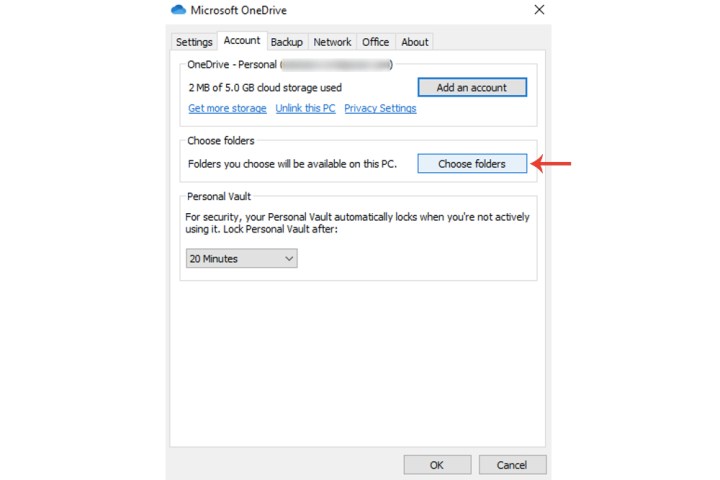 دکمه Choose folders برای Microsoft OneDrive در ویندوز 10.