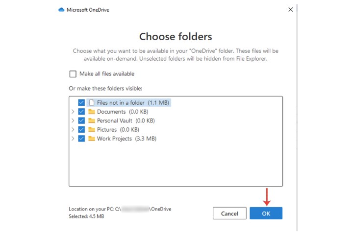 پوشه ها و فایل ها را برای همگام سازی با OneDrive در ویندوز 10 انتخاب کنید. 