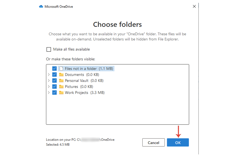 Selecting folders and files to sync to OneDrive in Windows 10. 