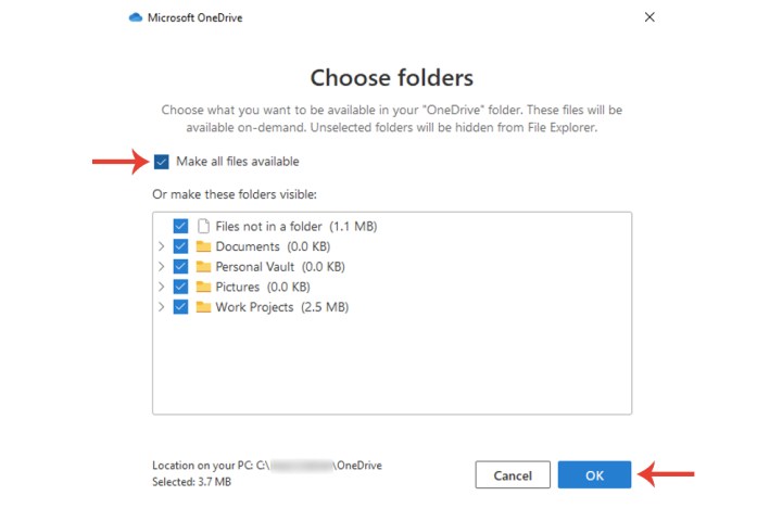 دکمه «دردسترس همه فایل‌ها برای همگام‌سازی در Microsoft OneDrive» در ویندوز 10.