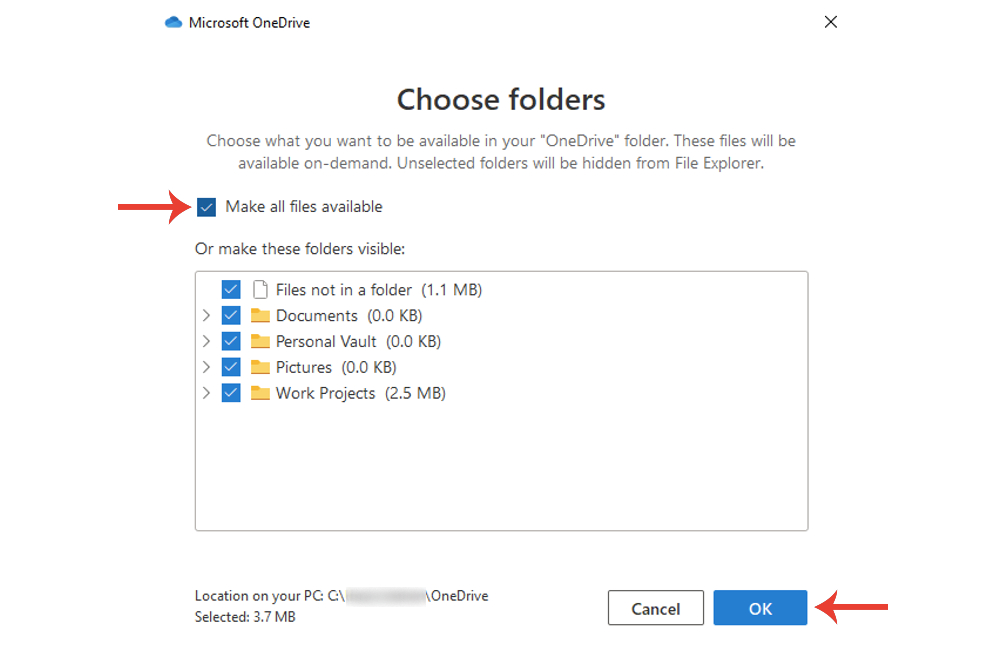 The Make all files available for sync button in Microsoft OneDrive in Windows 10.